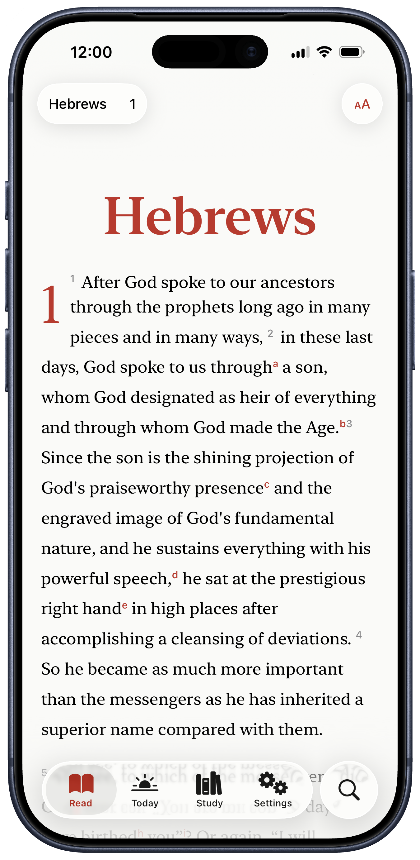 LIT Bible showing Hebrews 1 with Christmas accent color